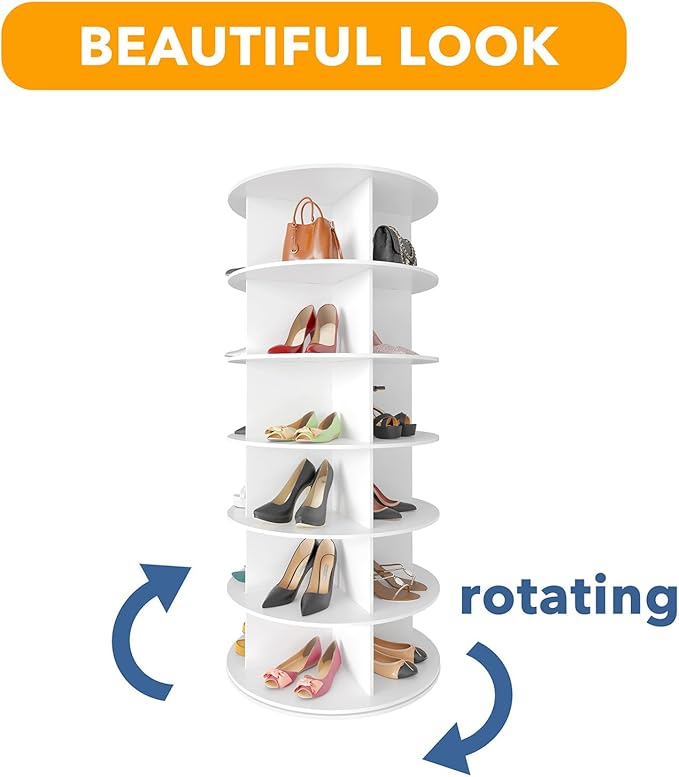 SpaceAid 6 Tier Rotating Shoe Rack Tower, Spinning Shoe Display Lazy Susan, Revolving 360 Shoe Rack Storage Round Carousel, Vertical Handbag Rotate Shoes Closet Organization (6-Tier White)