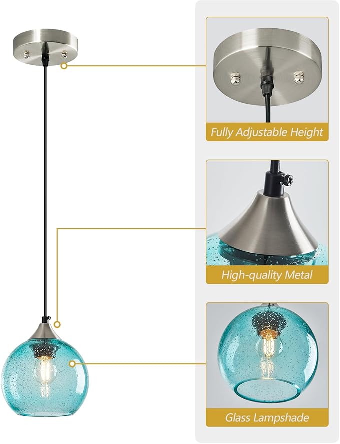Light Blue Glass Pendant Lights Kitchen Island Globe Pendant Light Fixtures Modern Pendant Lighting for Bedroom Living Dining Room Light Fixture (5.9 in, 3 Pack)