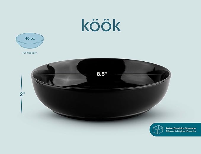 KooK Pasta Bowl, Salad Bowls, Soup, Serving Bowls, Ceramic, Large Capacity, Microwave & Dishwasher Safe, Set of 4, 40 Oz,(Black)