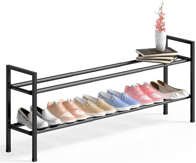 Bumusty 2-Tier Long Expandable Shoe Rack for Closet, 18"-44" Adjustable Shoe Rack for Entryway, 10-12 Pairs Large Shoe Organizer Shelf Storage, Sturdy Metal, Black