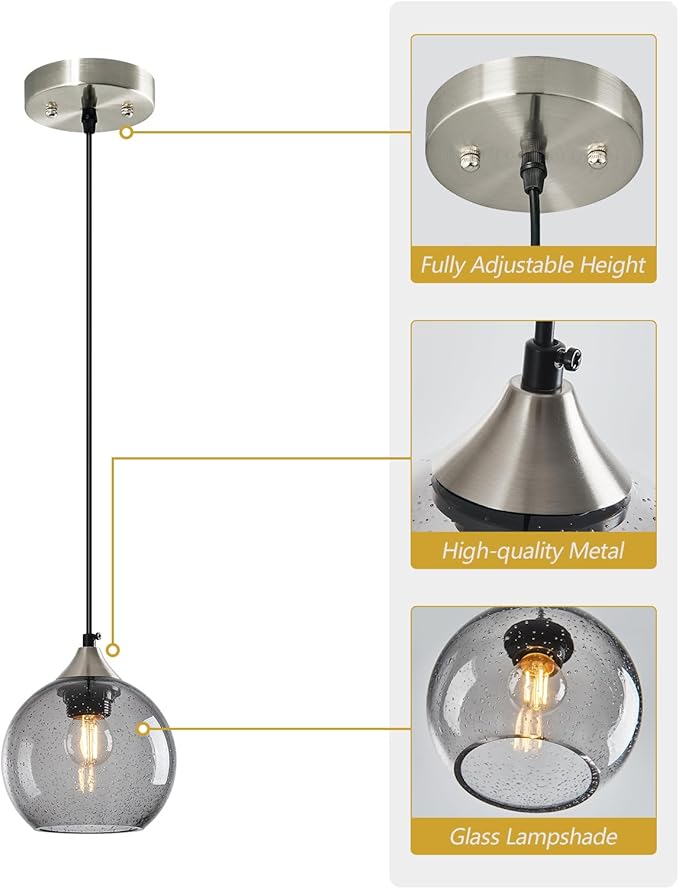 Light Grey Glass Pendant Lights Kitchen Island Globe Pendant Light Fixtures Modern Pendant Lighting for Bedroom Living Dining Room Light Fixture (5.9 in, 1 Pack)