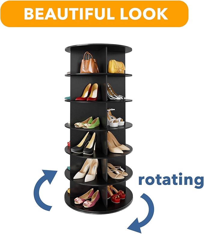 SpaceAid 6 Tier Rotating Shoe Rack Tower, Spinning Shoe Display Lazy Susan, Revolving 360 Shoe Rack Storage Round Carousel, Vertical Handbag Rotate Shoes Closet Organization (6-Tier Black)