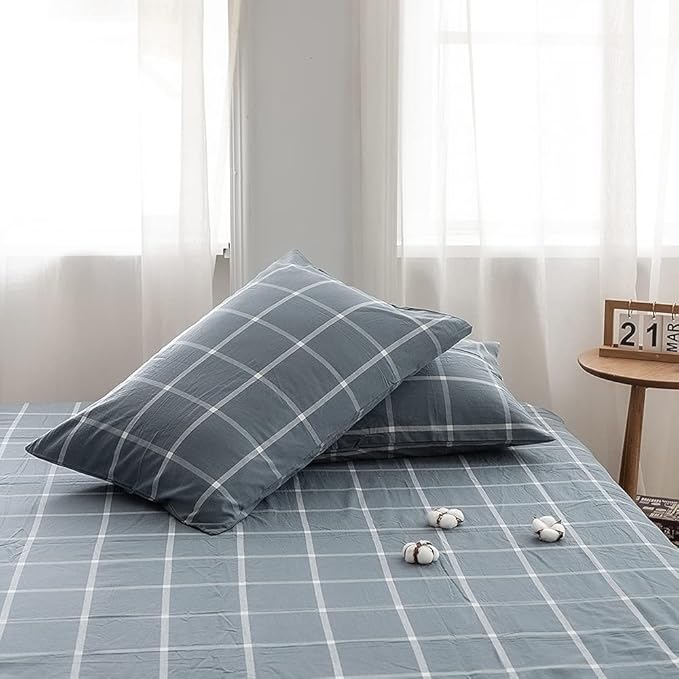 FACE TWO FACE Bedding Duvet Cover Set 3 Pieces 100% Washed Cotton Duvet Cover Linen Like Textured Breathable Durable Soft Comfy (California King, Grey Green Grid)