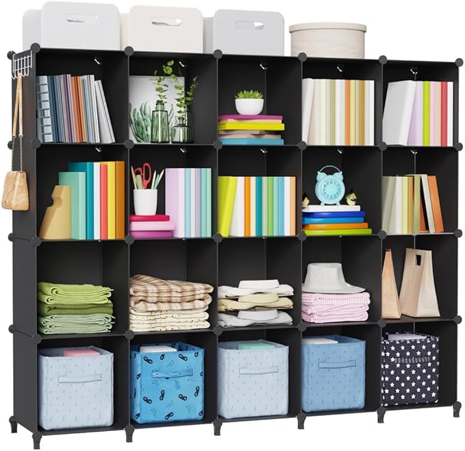 HOMIDEC 20-Cube Black Storage Organizer, Modular Shelf With Hammer, Storage Bin Cabinet Closet Bookshelf for Living Room, Bedroom, Office, Each Cube Size 11.8 x 11.8 Inch