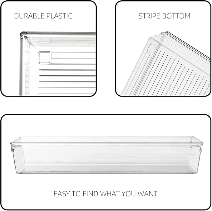 4 Pack 12"x 6" Large Size Clear Plastic Desk Drawer Organizer Tray Bathroom Office Kitchen Utensils Silverware Gadgets Dividers Desk Drawer Storage Bins Container for Dresser Cosmetic Makeup