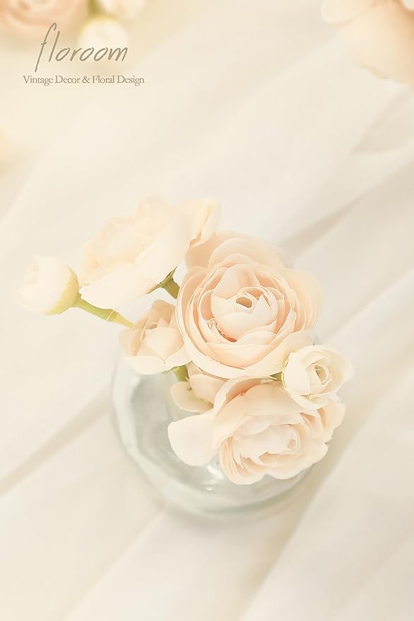 Floroom Ranunculus Artificial Flowers 18 Pcs Champagne Faux Silk Mini Ranunculus Bulk Fake Wedding Filler Flowers for DIY Cream Bouquets, Centerpieces, Bridal Shower Decorations & Arrangements
