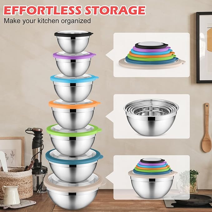 E-far Mixing Bowls Set of 7, Stainless Steel Mixing Bowls with Airtight Clear Lids, Metal Nesting Bowls for Kitchen Prep, Baking, Serving, Dishwasher Safe, Size 4.6, 3.5, 3, 2, 1.5, 1, 0.7QT, Colorful