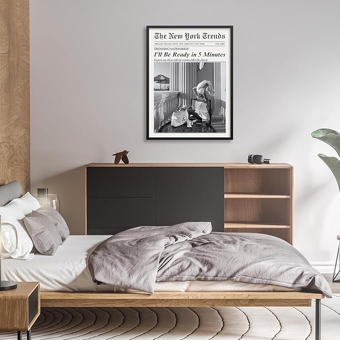 Vintage Newspaper Black Framed Wall Art Trendy Black and White Aesthetic