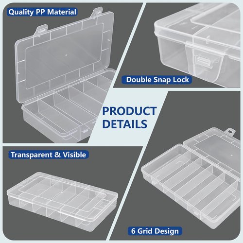 6 Pack 6 Grids Tackle Box Organizer, Clear Plastic Fishing Tackle Tray Box Board Game Storage Container Case for Crafts Beads Earrings Screws Nail Bobby Pins
