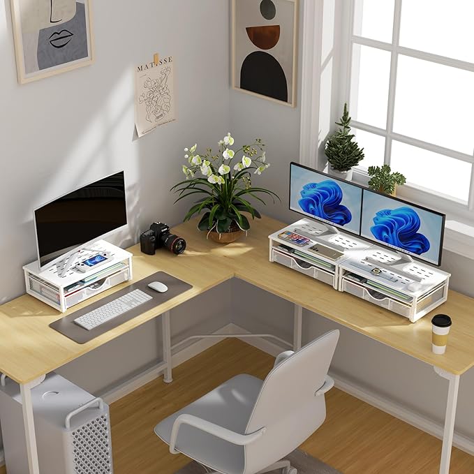 gianotter Computer Monitor Stand Riser, office organizer with Drawer, Office Organizers Storage for Classroom Office Supplies (White)