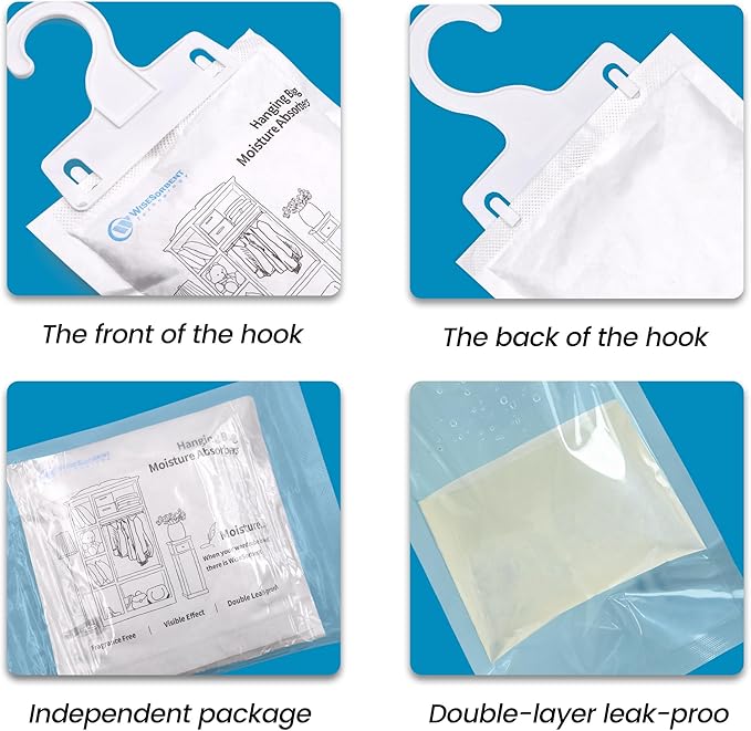 Moisture Absorber Hanging Bags 12 Pack - 7 oz Fragrance-Free Dehumidifier for Closet, Bathroom, Bedroom – Double Leak-Proof Design & Dual-Sided Absorption