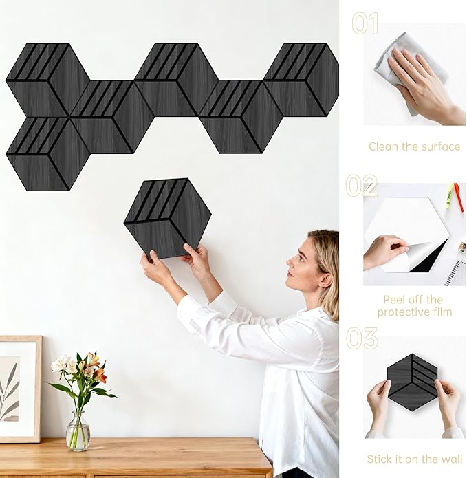 Mollywell Acoustic Panels, PVC Wood-Grain, 14x12 Inch Hexagon Carved Sound