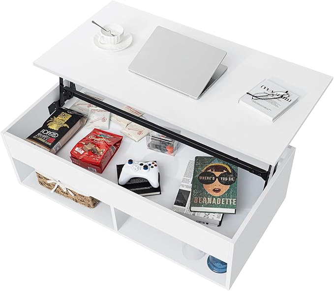 HOMMPA Lift Top Coffee Table with Storage for Living Room, Modern High Glossy LED Coffee Table, 3 Tiers Wood Center Tea Table with 2 Open Shelves, White