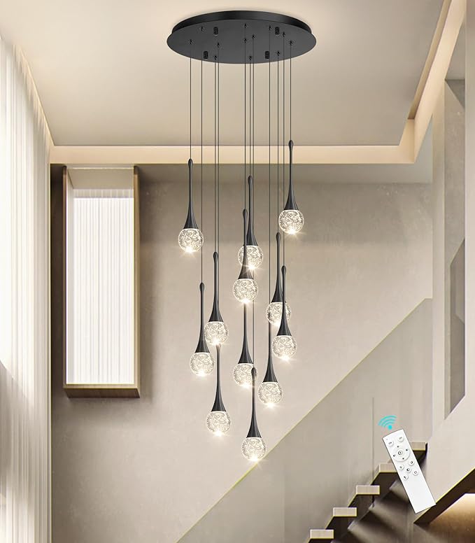 118 inches Modern Glam Crystal Chandelier for High Ceiling LED Dimmable Ceiling Pendant Light Staircase Foyer Enterway Living Room Chandelier Lighting Black 12 Lights