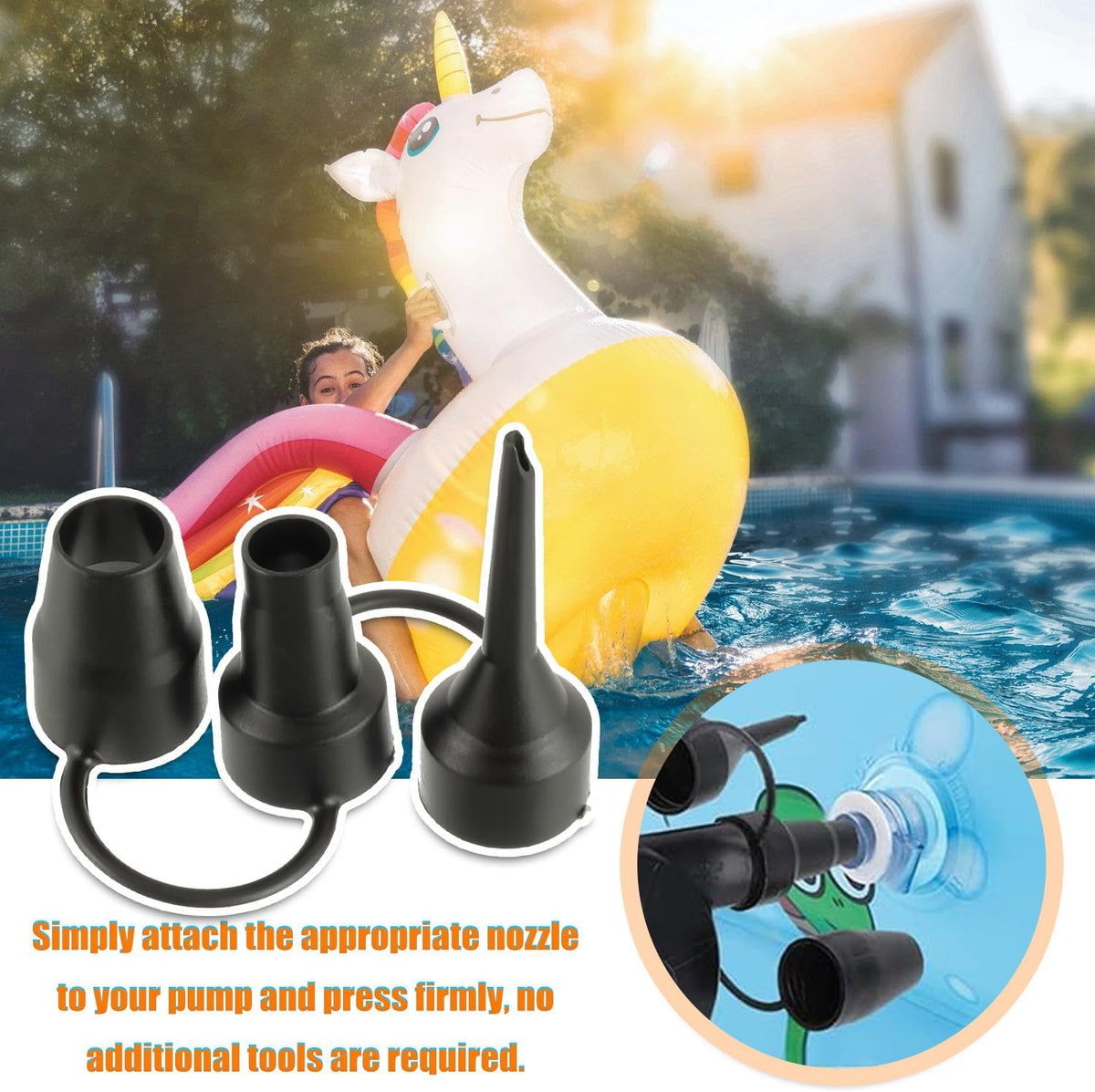 Air Pump Replacement Nozzles, 3 Set Replacement Nozzles, 3 Sizes Air Pump Attachments for Inflatable Bed Mattress Pool Floats- Black