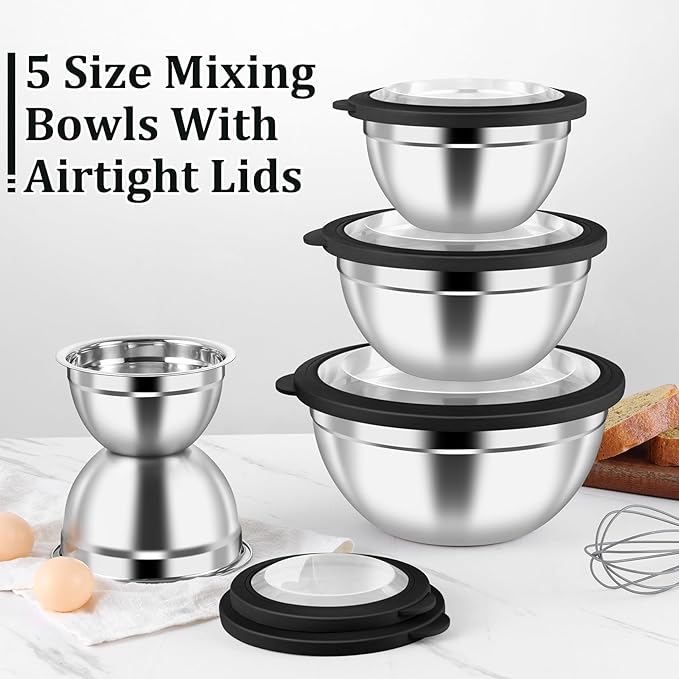 P&P CHEF Mixing Bowl with Visible Airtight Lid Set of 5, 10-Piece Stainless Steel Nesting Salad Bowl Set for Prepping, Mixing and Serving, Size 4.6, 3, 1.5, 1, 0.7 QT, Rimmed Edges & Flat Base, Black