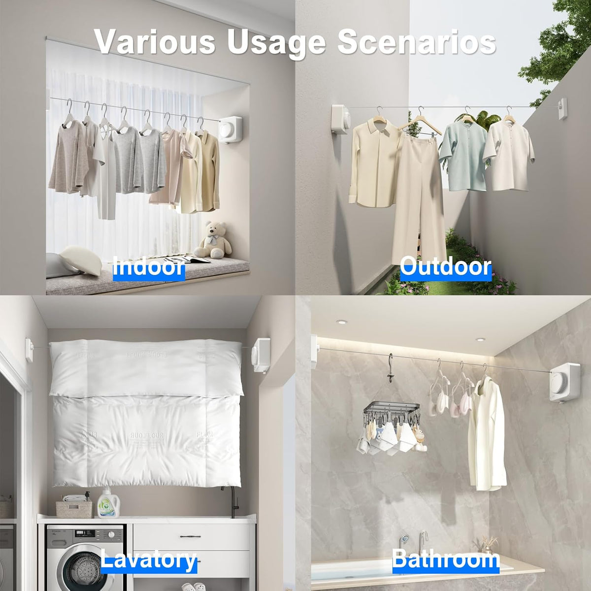 Retractable Clothesline Indoor, Non-Sagging Outdoor Clothes Line Retracting Heavy Duty Clothes Drying Laundry Line Wall Mounted Stainless Steel Line-15.1 Feets(Square-White)