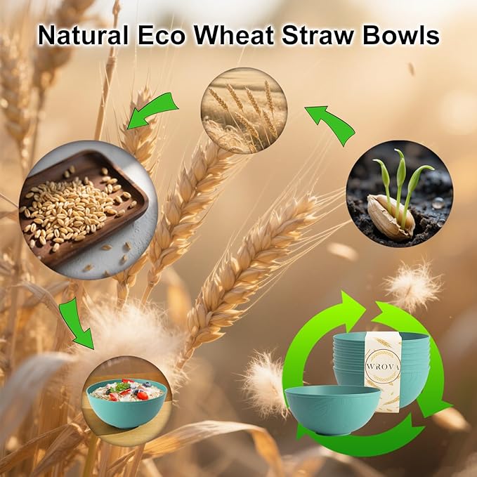 Wheat Straw Bowls for Kitchen set of 6,Anit-Scald Thick Soup Bowls 40oz,Microwave and Dishwasher Safe Bowl set easy to clean. Green