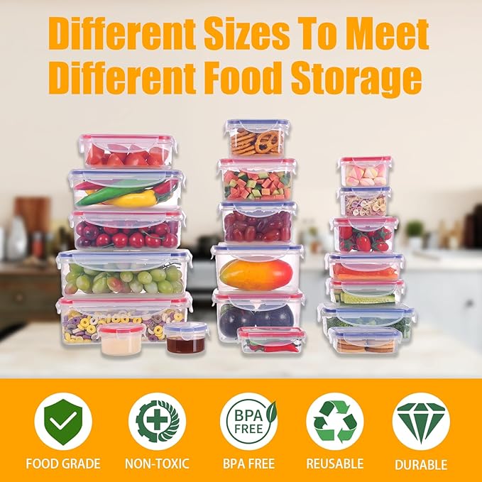 52 PCS Food Storage Containers with Lids Airtight, BPA Free Plastic Meal Prep Containers Reusable, Microwave/Freezer/Dishwasher Safe Leakproof Fruit Vegetables Containers for Kitchen