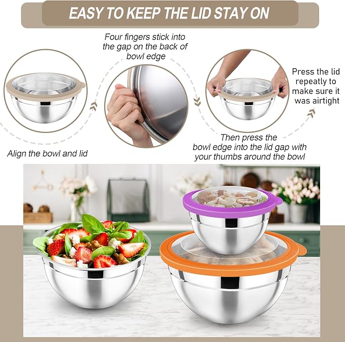 P&P CHEF Mixing Bowl with Lid Set of 7, Stainless Steel Nesting Salad Bowls for Cooking Serving Prepping, Clear Lids & Stackable Design, Size 4.6, 3.5, 3, 2, 1.5, 1, 0.7 Qt - Multicolor