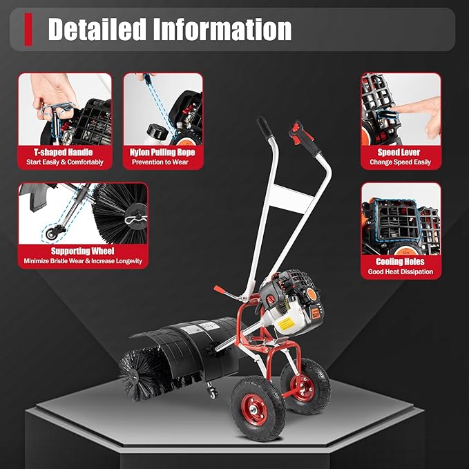 52CC 2.5HP Artificial Grass Brush Sweeper, 2 Stroke Walk Behind Sweeper Outdoor Hand Held Gas Power Broom Single Cylinder Broom Driveway Cleaning Tools for Snow Lawn Artificial Gravel