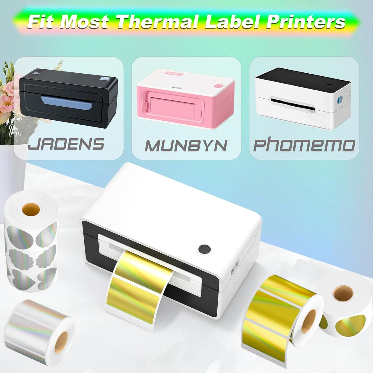 Thermal Sticker Labels 2.25 x 1.25, 500 Gold Holographic Printable Thermal Stickers for Logo Stickers, Name Tag, Thanks You Card, QR, FNSKU, Compatible with Thermal Label Printer
