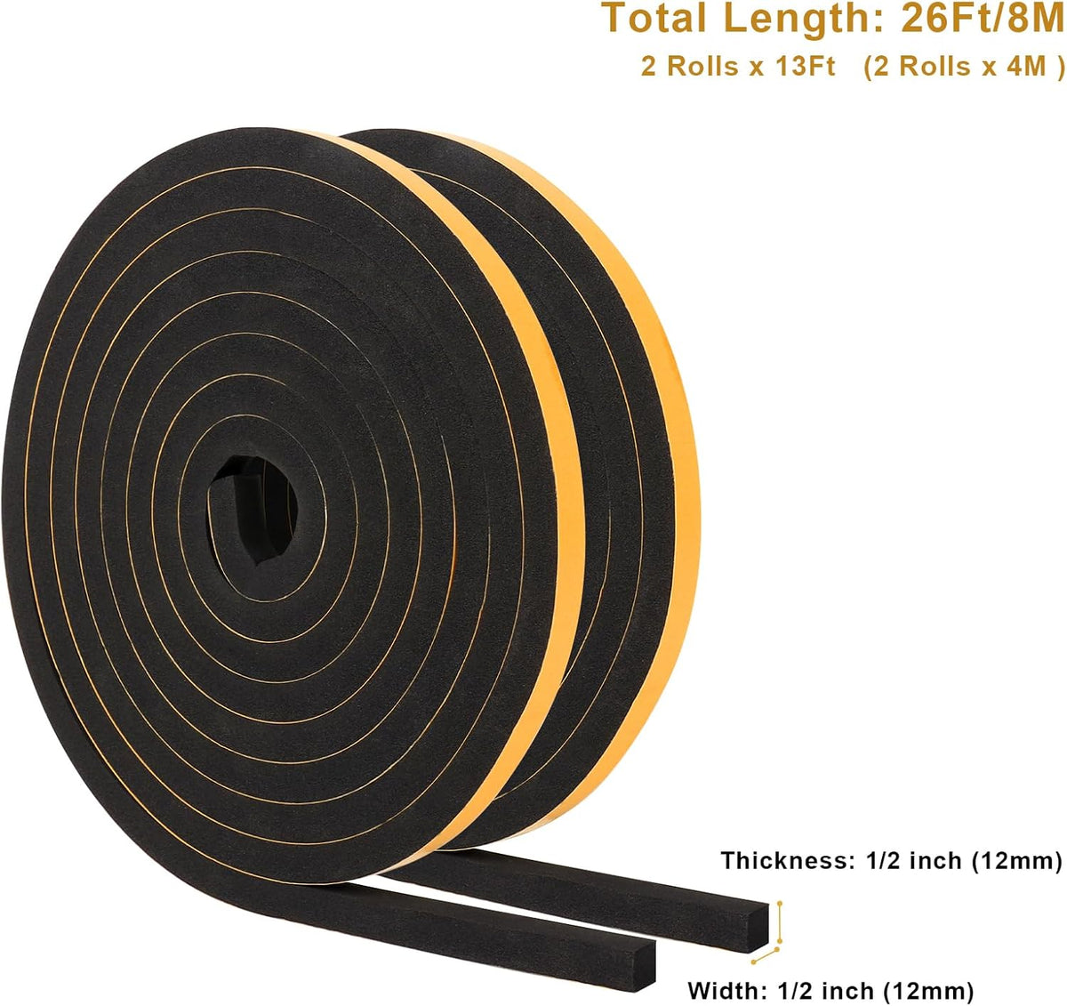 Weather Stripping Soundproof, 1/2 in x 1/2 in High Density Foam Insulation Tapes, Weatherproof Seal Strip Weatherstrips for Windows Sliding Doors, 2 Rolls Total 26Ft