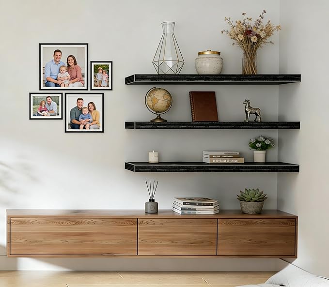 Vervida® Black Floating Shelves, 47.2 in W x 9.3 in D Wall Mounted Wood Shelves