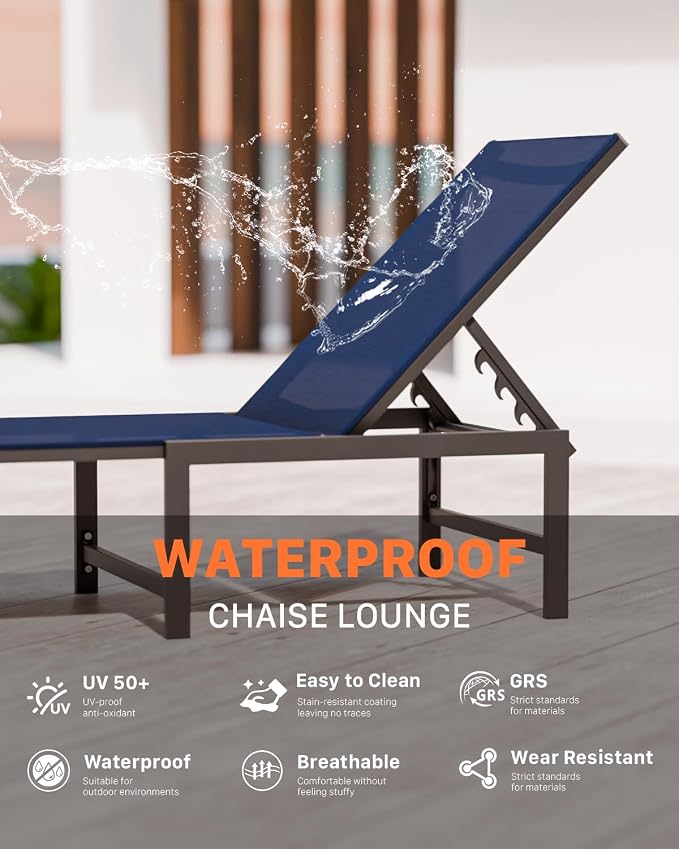 Patio Lounge Chair, Aluminum,5 Adjustable Backrest,1 PieceNavyBlue | Lightweight rustproof aluminum.5 adjustable backrest positions.Breathable quick-dry fabric.For poolside,beach,lawn,backyard.