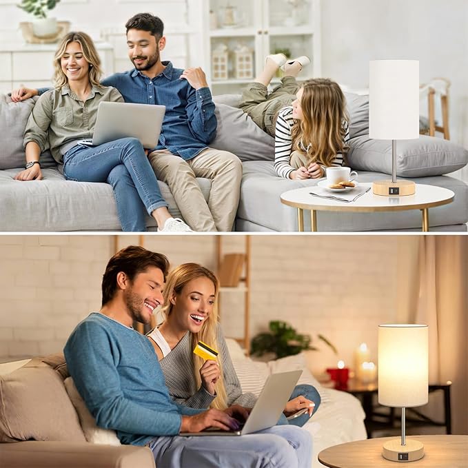 AKASUKI Table Lamp for Bedroom, 3 Way Dimmable Touch Lamp with Dual Charging Station, Small Bedside Lamps for Night Stands, Living Room, Office(LED Bulb Included)
