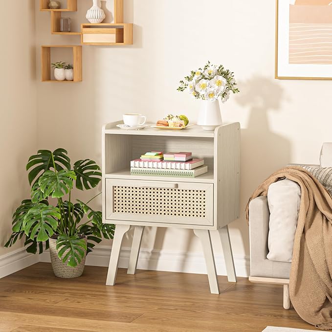 Lerliuo Rattan Nightstands Set of 2, Side Table with Drawer Open Shelf, Cane Accent Bedside End Table, Mid Century Modern Night Stand for Bedroom, Dorm and Small Spaces (Grey White)