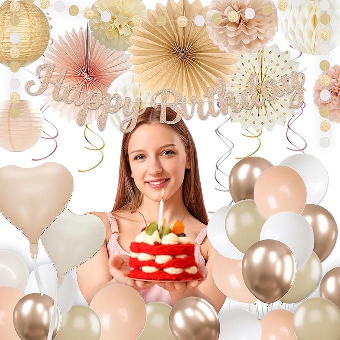 Champagne-Gold Beige Birthday Decorations for Women Girls,Cream Neutral Balloons Décor,Happy Banner,Boho Peach Paper Lanterns Tissue Pom Poms Fan,Anniversary Princess Backdrop Party Supplies