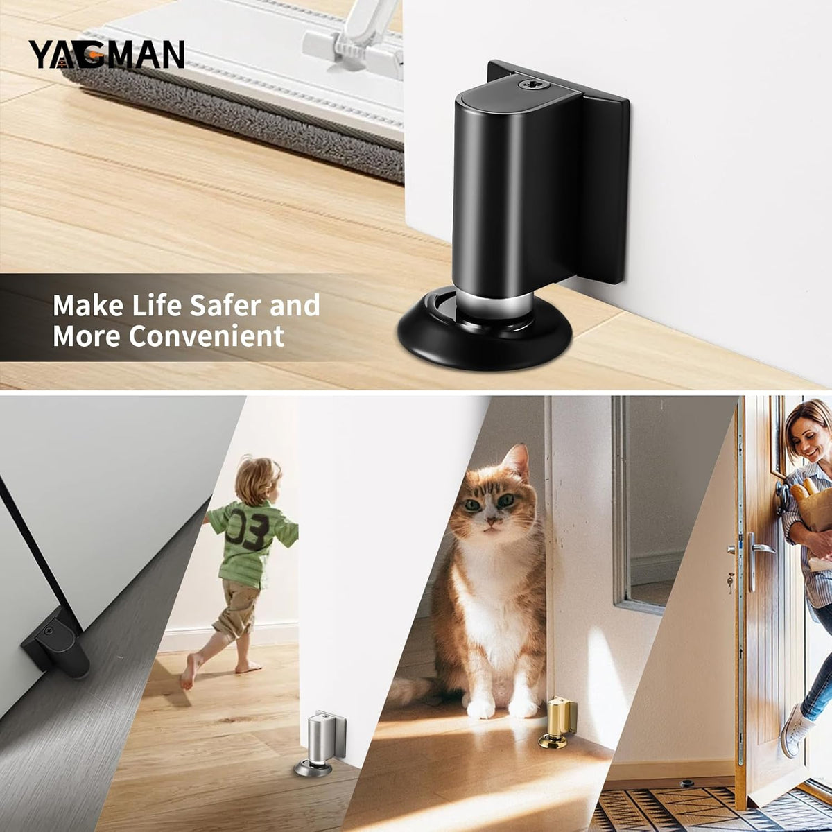 3 Pack Magnetic Door Stoppers Retractable Bottom of Door Holder No Drilling Mount Floor Door Stop with Screws and Adhesive Catch Door Keep Door Open Matte Black MB-3