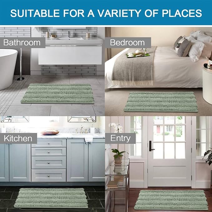 H.VERSAILTEX Bath Mats for Bathroom Non Slip Thick Chenille Striped Bath Rug Absorbent Fluffy Soft Shaggy Rugs Washable Dry Fast Plush Mats for Indoor, Bath Room, Tub - 17" x 24", Sage