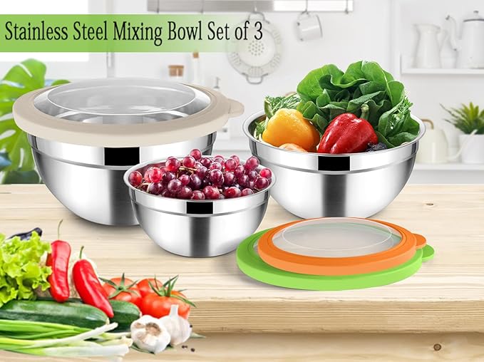 TeamFar Mixing Bowls, 4.5/3/1.5 QT Stainless Steel Nesting Salad Bowls with Airtight Lids, For Serving/Mixing/Storing/Prepping, Non-Toxic & Sturdy, Visible & Easy Clean, Multi-Color, Set of 3