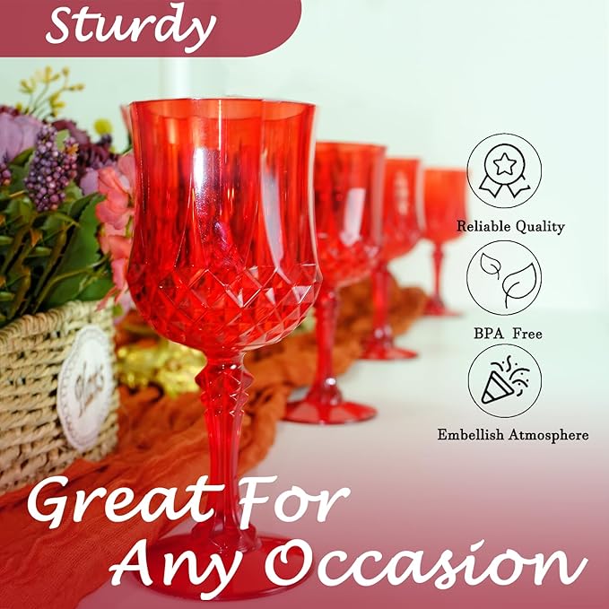 Plastic Wine Glasses,Plastic Goblets Vintage Style Cordial Drinking Glasses for Wedding Reception, Grand Event Party Supplies (24, Red)