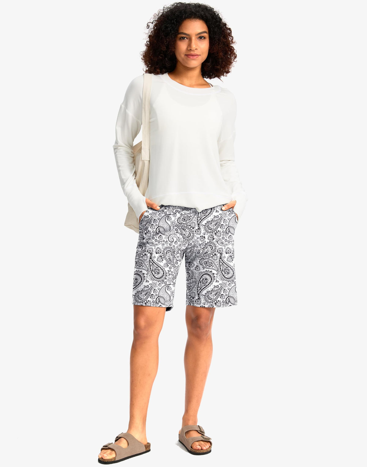 G Gradual Women's Bermuda Long Shorts with Pockets 9" High Waisted Knee Length Shorts for Women Walking Athletic Workout(White Paisley,M)
