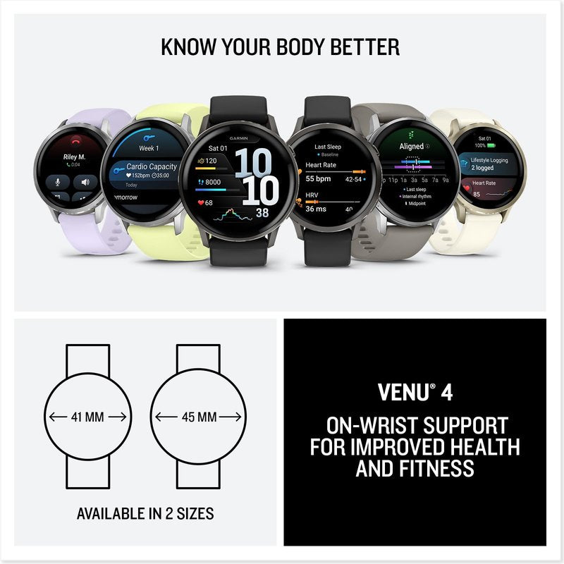 Garmin Venu 4, 41mm, Advanced Fitness and Multisport Tracker GPS Smartwatch, 1.2" AMOLED Display, Built-in Flashlight, 10 Days of Battery Life, Lunar Gold with Bone Silicone Band (Watch Bundle)