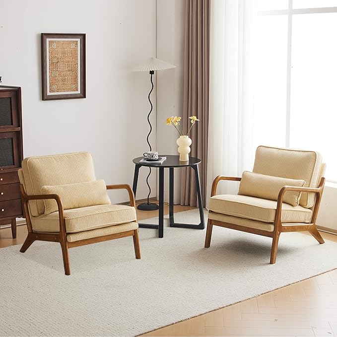 Karl home Mid-Century Modern Accent Chair, Living Room Chairs with Pillow Corduroy Upholstered Lounge Armchair with Solid Wood Frame & Soft Cushion for Bedroom, Reading Room, Beige & Yellow
