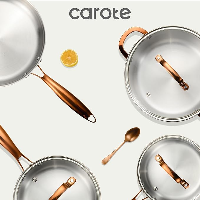 CAROTE 23pcs Tri-Ply Stainless Steel Cookware Set, Pots and Pans Set, Non Stick Induction Kitchen Cooking Sets, Nonstick Cookware Collection, Mirror Polish, Silver