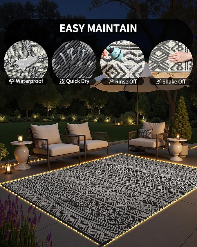 MontVoo-Outdoor Rug Carpet 9x12 ft for Patio RV Camping with Led Strip Lights Waterproof Plastic Straw Rug Reversible Portable Outside Indoor Outdoor Rug Mat for Patio Decor Balcony Picnic-Boho Rug