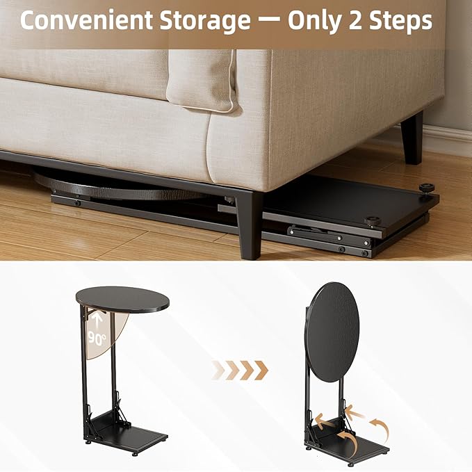 Elbourn Folding Side Table End Couch Tables, C-Shaped End Table for Living Room, Small End Table for Bedroom, Coffee Table (Black)