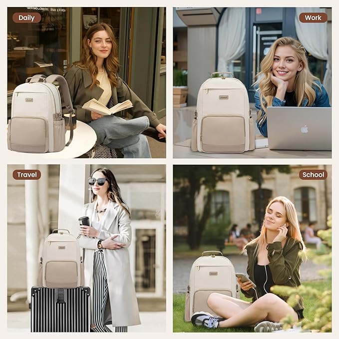 LOVEVOOK Laptop Backpack for Women with Pouch Pocket for Large Capacity Cup,15.6 Inch Laptop Computer Bag Travel Backpack Purse,Waterproof Work Business Backpack College Teacher Bags,Beige-Khaki