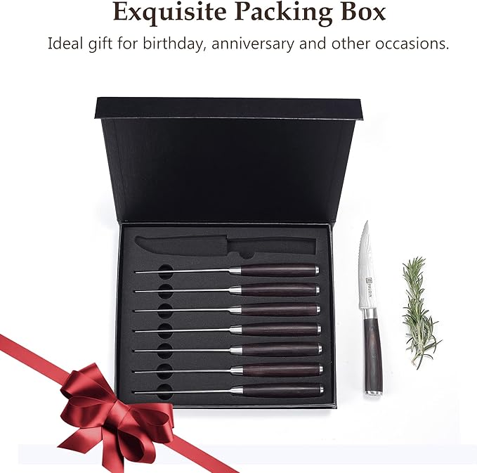 PAUDIN Steak Knives 4.5 Inch, Steak knives Set of 8, High Carbon Stainless Steel Steak Knife Set, Sharp Serrated Steak Knife with Pakkawood Handle, Kitchen Steak Knives with Gift Box