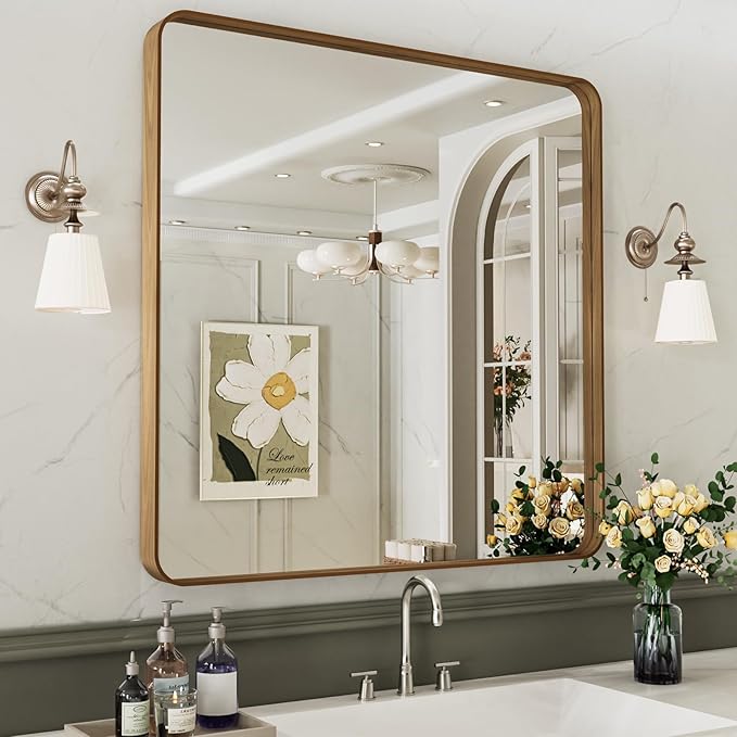 LOAAO 36X36 Inch Bathroom Mirror with Wood Grain Colored Metal Frame, Rounded Rectangle Metal Framed Bathroom Mirror, Anti-Rust, Hangs Horizontally or Vertically, Tempered Glass