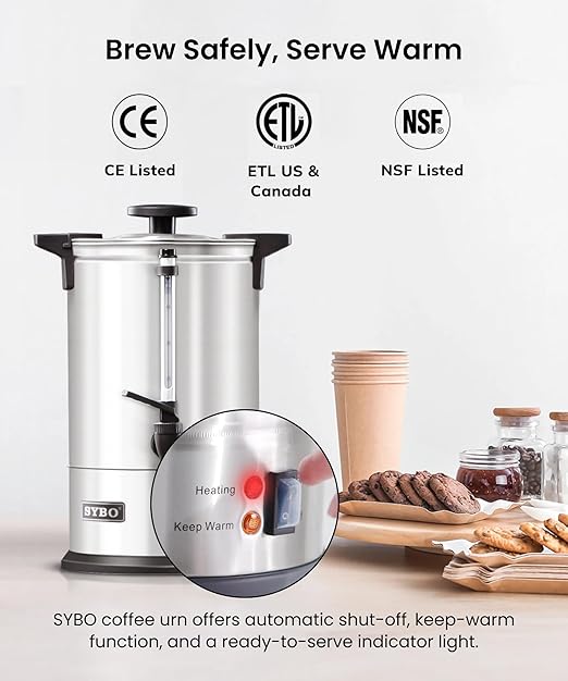 SYBO 120 Cup Commercial Coffee Urn & Hot Beverage Dispenser Stainless Steel Percolate Maker Fast Brew Keeps Warm – Ideal for Tea Water at Events Catering 18 L Metallic