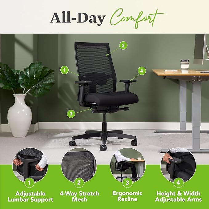 HON Ignition 2.0 Mid Back Task Chair, Spectrum Mesh, Advanced Synchro-Tilt Control, Office Chair with Lumbar Support, Height and Width Adjustable Arms, Black Frame, Blueberry