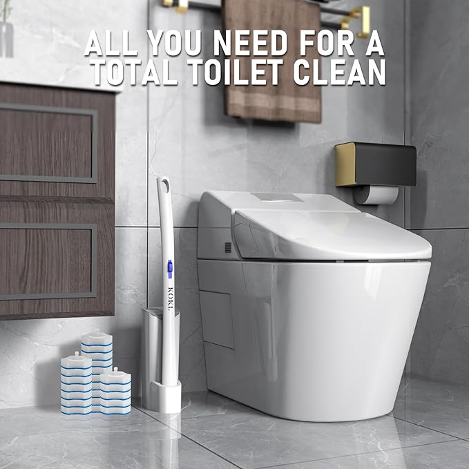 KOKL Disposable Toilet Brush, Toilet Bowl Cleaner Brush with 50PCS Toilet Brush Refills, Toilet Cleaner Refill Pads, Disposable Toilet Bowl Brush and Storage Caddy for Bathroom Cleaning(1-Set)
