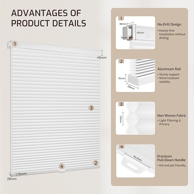 Grandekor No Drill No Tools Cordless Cellular Shades, 29.5" W x 64" H, Light