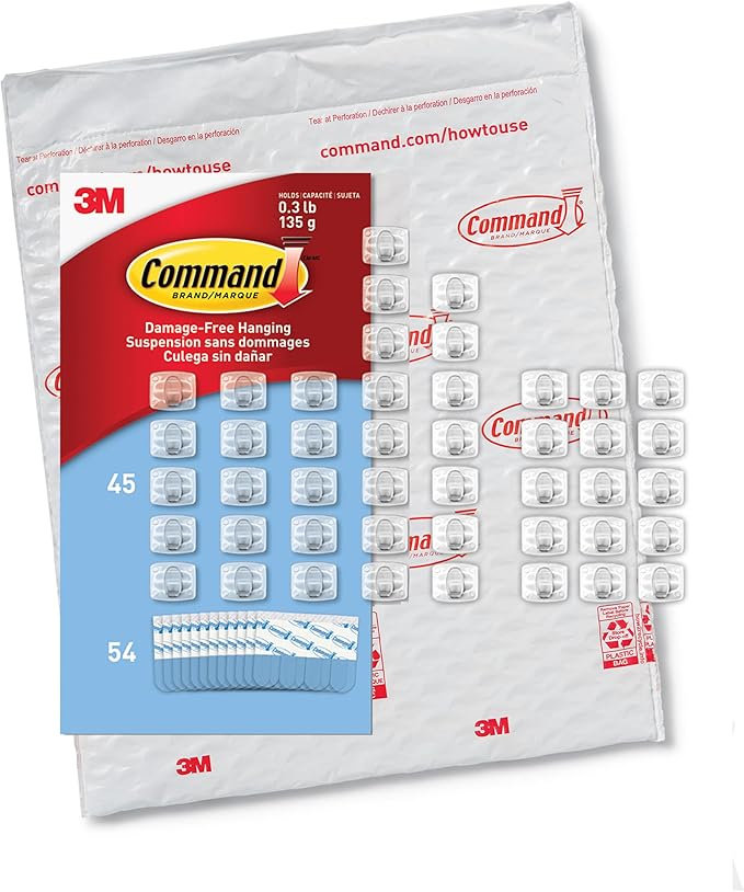 Command Indoor Mini Light Clips, Damage Free Hanging Christmas Light Clips, Mini Wall Clips for Hanging Indoor Christmas Decorations, Lights and Cables, 45 Clear Clips and 54 Command Strips